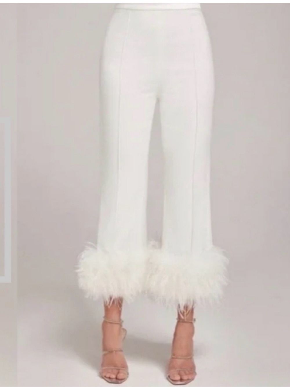 NADINE MERABI Margot White Cropped Feather Trim Pants